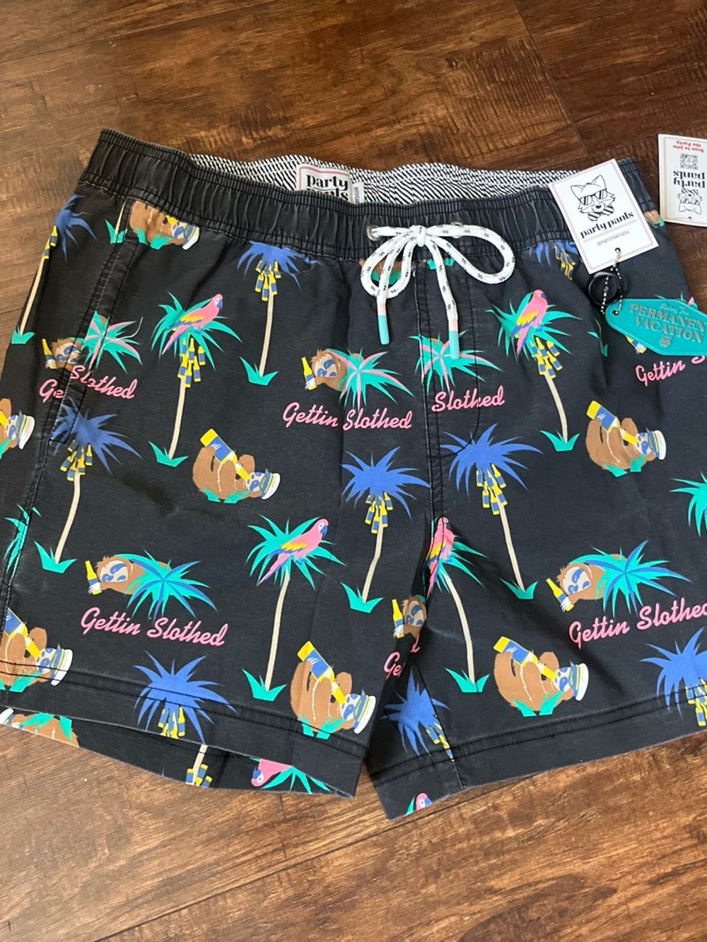 Party Pants Men’s Black 'Gettin Slothed' Printed Swim Shorts